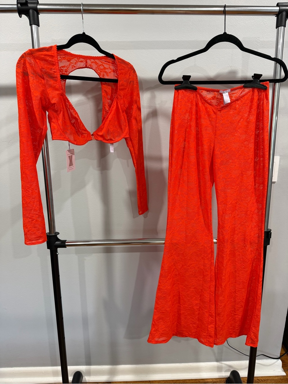 Savage X Fenty Orange Lace Long-Sleeve Crop Top & Wide-Leg Pants Set